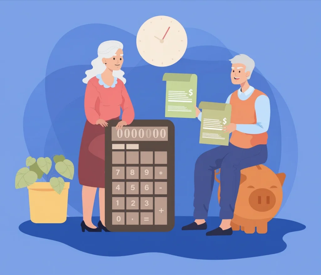 Uma imagem com dois idosos cercados de documentos, calculadoras, relógios e elementos financeiros.