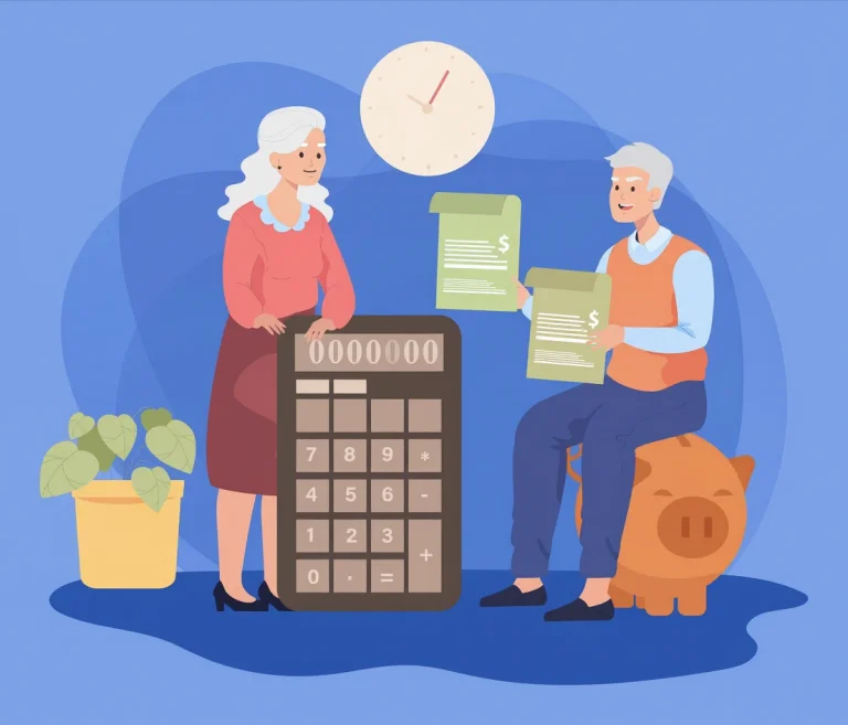 Uma imagem com dois idosos cercados de documentos, calculadoras, relógios e elementos financeiros.